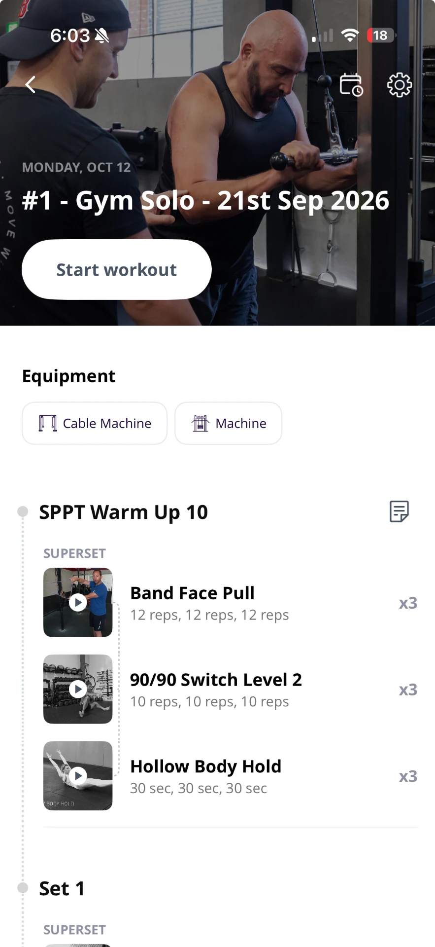 Everfit workout screen with exercise video demonstrations